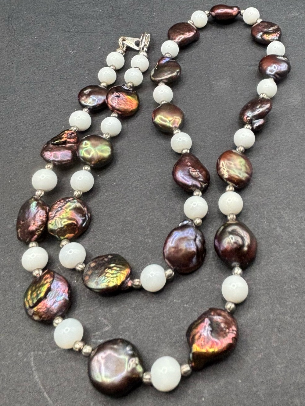 Peacock Coin Pearl Necklace Iridescent Bronze Freshwater Pearl White Bead 18"